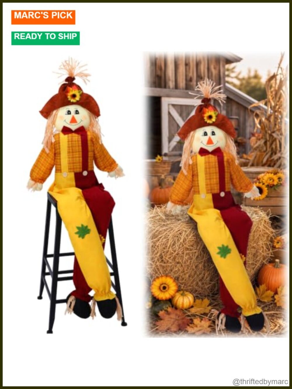 Life Size 60" Fall Scarecrow Straw Sitting Decor Thanksgiving Outdoor